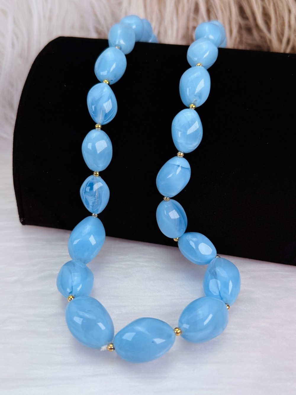 Vintage Gorgeous, powder blue beaded goldtone, costume necklace